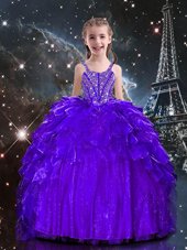 Dark Purple Spaghetti Straps Neckline Beading and Ruffles Flower Girl Dresses for Less Sleeveless Lace Up
