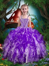 Floor Length Eggplant Purple Flower Girl Dress Spaghetti Straps Sleeveless Lace Up