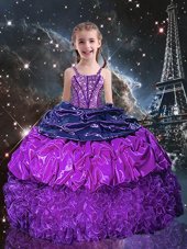 Luxurious Eggplant Purple Organza Lace Up Little Girls Pageant Gowns Sleeveless Floor Length Beading and Ruffles and Pick Ups