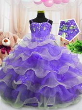 Noble Organza Spaghetti Straps Sleeveless Zipper Beading and Ruffled Layers Party Dress for Girls in Eggplant Purple