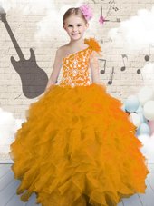 One Shoulder Orange Lace Up Flower Girl Dress Embroidery and Ruffles and Hand Made Flower Sleeveless Floor Length