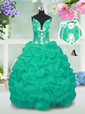 Free and Easy Turquoise Lace Up V-neck Beading and Pick Ups Child Pageant Dress Taffeta Sleeveless