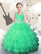 Noble Yellow Green Lace Up V-neck Beading and Pick Ups Custom Made Taffeta Sleeveless