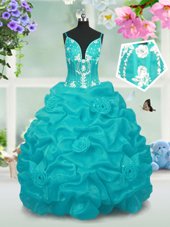 Elegant Floor Length Baby Blue Party Dress for Girls Taffeta Sleeveless Beading and Pick Ups