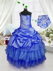 Flirting Royal Blue Strapless Neckline Beading and Ruffled Layers and Pick Ups Little Girls Pageant Dress Wholesale Sleeveless Lace Up