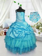 Aqua Blue Organza Lace Up Strapless Sleeveless Floor Length Teens Party Dress Pick Ups