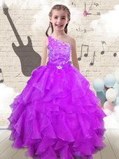 One Shoulder Sleeveless Lace Up Little Girls Pageant Dress Wholesale Fuchsia Organza