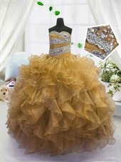 Gold Sleeveless Floor Length Beading and Ruffles Lace Up Little Girl Pageant Dress