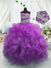 Fashionable Purple Sleeveless Floor Length Beading and Ruffles Lace Up Flower Girl Dresses