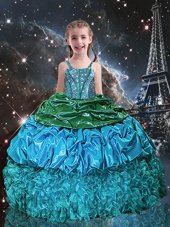 Edgy Aqua Blue Sleeveless Beading and Ruffles and Pick Ups Floor Length Toddler Flower Girl Dress
