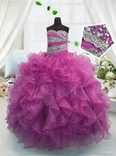 Hot Sale Sweetheart Sleeveless Flower Girl Dresses for Less Floor Length Beading and Ruffles Fuchsia Organza