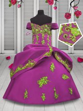 Trendy Hot Pink Satin Lace Up Off The Shoulder Sleeveless Floor Length Little Girl Pageant Dress Beading and Appliques