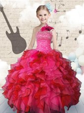 Ideal One Shoulder Floor Length Ball Gowns Sleeveless Rose Pink Girls Pageant Dresses Lace Up