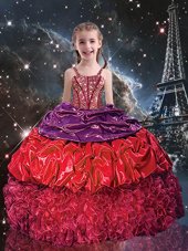 Superior Red Organza Lace Up Spaghetti Straps Sleeveless Floor Length Party Dresses Beading and Ruffles and Pick Ups