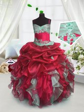 Red Lace Up Little Girl Pageant Gowns Beading and Ruffles Sleeveless Floor Length