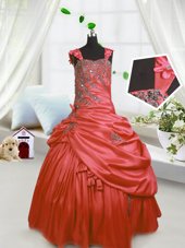 Pick Ups Floor Length Ball Gowns Sleeveless Watermelon Red Little Girls Pageant Gowns Lace Up