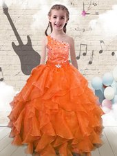 Luxury One Shoulder Beading and Ruffled Layers and Pick Ups Juniors Party Dress Orange Lace Up Sleeveless Floor Length