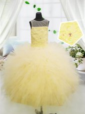 Hot Sale Scoop Floor Length Light Yellow Toddler Flower Girl Dress Tulle Sleeveless Beading and Appliques