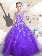 Exceptional Floor Length Lilac Party Dress Organza Sleeveless Beading and Appliques and Hand Made Flower