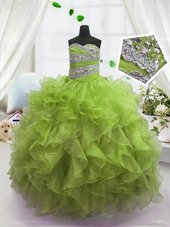 Stunning Olive Green Ball Gowns Organza Sweetheart Sleeveless Beading and Ruffles Floor Length Lace Up Teens Party Dress