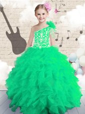 Ball Gowns Organza One Shoulder Sleeveless Embroidery and Ruffles Floor Length Lace Up Flower Girl Dresses