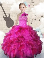 One Shoulder Hot Pink Organza Lace Up Girls Pageant Dresses Sleeveless Floor Length Beading and Ruffles