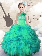 Turquoise Ball Gowns One Shoulder Sleeveless Organza Floor Length Lace Up Beading and Ruffles Party Dress for Girls