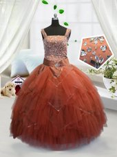 Chic Orange Red Ball Gowns Straps Sleeveless Tulle Floor Length Lace Up Beading and Ruffles Toddler Flower Girl Dress