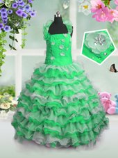Custom Designed Floor Length Lace Up Flower Girl Dresses for Party and Wedding Party with Beading and Appliques and Ruffled Layers
