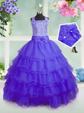 Captivating Sleeveless Organza Floor Length Zipper Toddler Flower Girl Dress in Purple for with Beading and Ruffled Layers