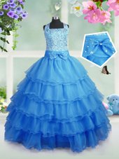 Ruffled Baby Blue Sleeveless Organza Zipper Kids Pageant Dress for Party and Wedding Party