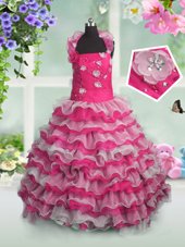 Fantastic Ruffled Straps Sleeveless Lace Up Flower Girl Dress Hot Pink Organza