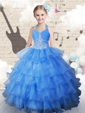 Traditional Light Blue Ball Gowns Halter Top Sleeveless Organza Floor Length Lace Up Beading and Ruffled Layers Toddler Flower Girl Dress