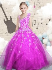 Floor Length Fuchsia Flower Girl Dresses Asymmetric Sleeveless Lace Up