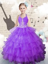 Deluxe Gold Organza Lace Up Kids Pageant Dress Sleeveless Floor Length Beading and Ruffled Layers and Pick Ups
