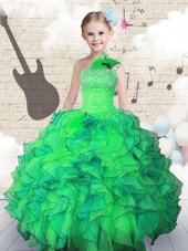 Stylish Green Organza Lace Up One Shoulder Sleeveless Floor Length Flower Girl Dress Beading and Ruffles