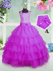 Modern Rose Pink Organza Zipper Square Sleeveless Floor Length Juniors Party Dress Beading and Ruffled Layers