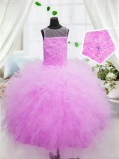 Perfect Scoop Sleeveless Tulle Floor Length Zipper Kids Formal Wear in Hot Pink for with Beading and Appliques