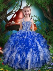 Beautiful Floor Length Royal Blue Little Girls Pageant Dress Spaghetti Straps Sleeveless Lace Up