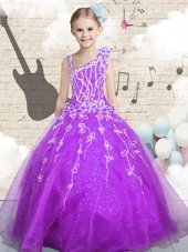 Comfortable Floor Length Lace Up Child Pageant Dress Purple and In for Party and Wedding Party with Beading and Appliques and Hand Made Flower