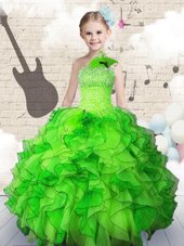 Shining Rose Pink Organza Zipper Party Dress Sleeveless Floor Length Beading and Ruffles and Pick Ups