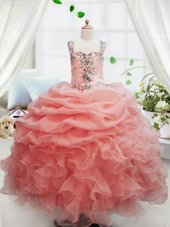 Shining Peach Sleeveless Beading and Ruffles and Pick Ups Floor Length Little Girls Pageant Gowns
