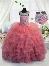 Vintage Scoop Coral Red Sleeveless Beading and Ruffled Layers Floor Length Little Girl Pageant Gowns