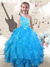 Simple One Shoulder Aqua Blue Sleeveless Floor Length Beading and Ruffles Lace Up Little Girls Pageant Dress Wholesale