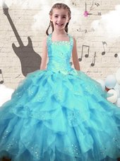 Turquoise Organza Lace Up Flower Girl Dress Sleeveless Floor Length Beading and Ruffled Layers and Pick Ups