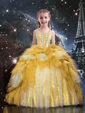 Stylish Gold Ball Gowns Tulle Spaghetti Straps Sleeveless Beading and Ruffled Layers Floor Length Lace Up Little Girls Pageant Dress