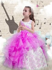 Spectacular Scoop Sleeveless Lace Up Floor Length Beading and Ruffled Layers Flower Girl Dress