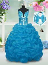 Baby Blue Lace Up Teens Party Dress Beading and Pick Ups Sleeveless Floor Length