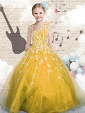 Elegant Orange Ball Gowns Appliques Flower Girl Dresses for Less Lace Up Tulle Sleeveless Floor Length