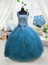 On Sale Aqua Blue Tulle Lace Up Toddler Flower Girl Dress Sleeveless Floor Length Beading and Ruffles